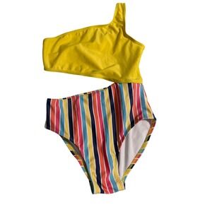 Sol Swim Girls Yellow One Shoulder Striped Cutout One Piece Swimsuit Size 10/12